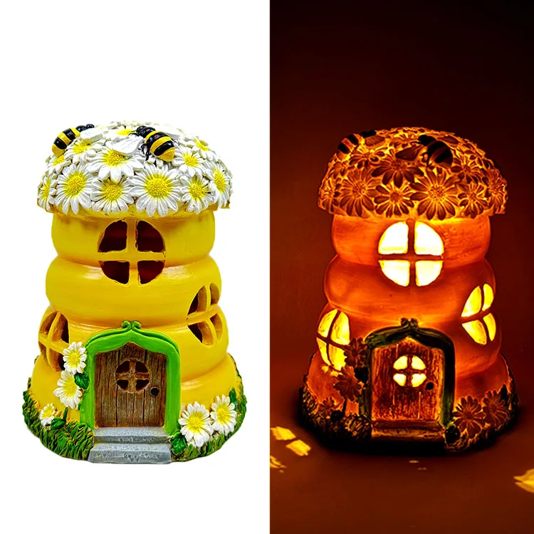 Waterproof garden outdoor patio Resin LED lights Daisy bee fairy house solar decoration
