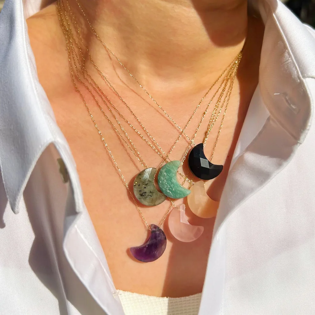 Yoga Energy 18K Gold Plated Green Stone Moon Pendant Necklace Stainless Steel Natural Stone Lava Stone  Crystal Moon Necklace