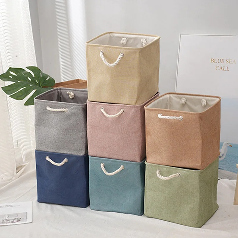 Homeplus Wholesale space saving fabric Cubby Bins Storage Baskets Foldable Fabric Cloth Bins with macrame cord handle for home