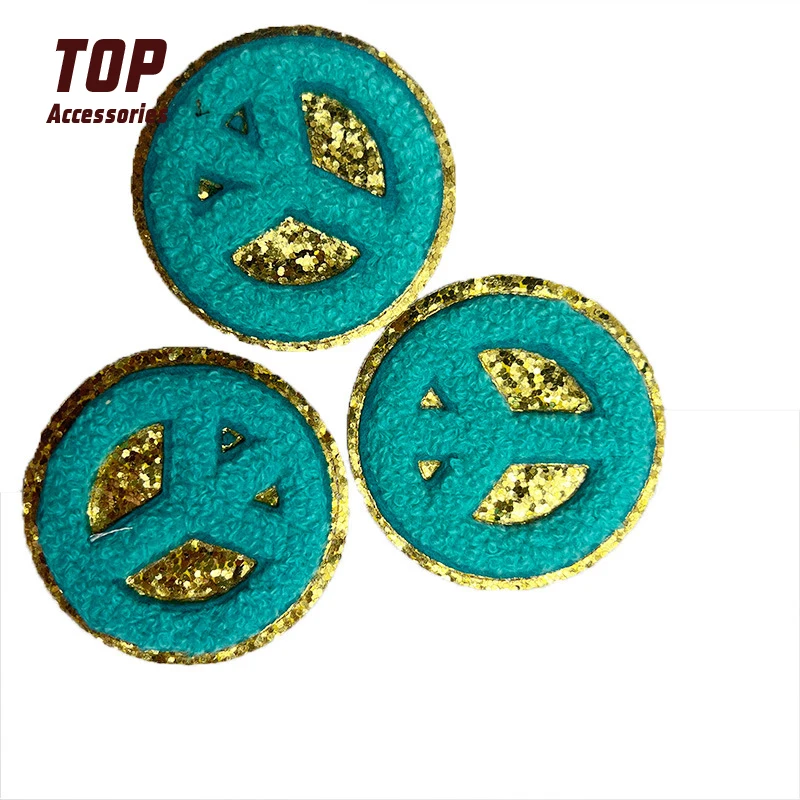 Handmade Peace Symbol Chenille Iron-on Patches Glitter Sequins Decoration With Gold Fabric Cotton PVC Custom Embroidery 10 Pcs
