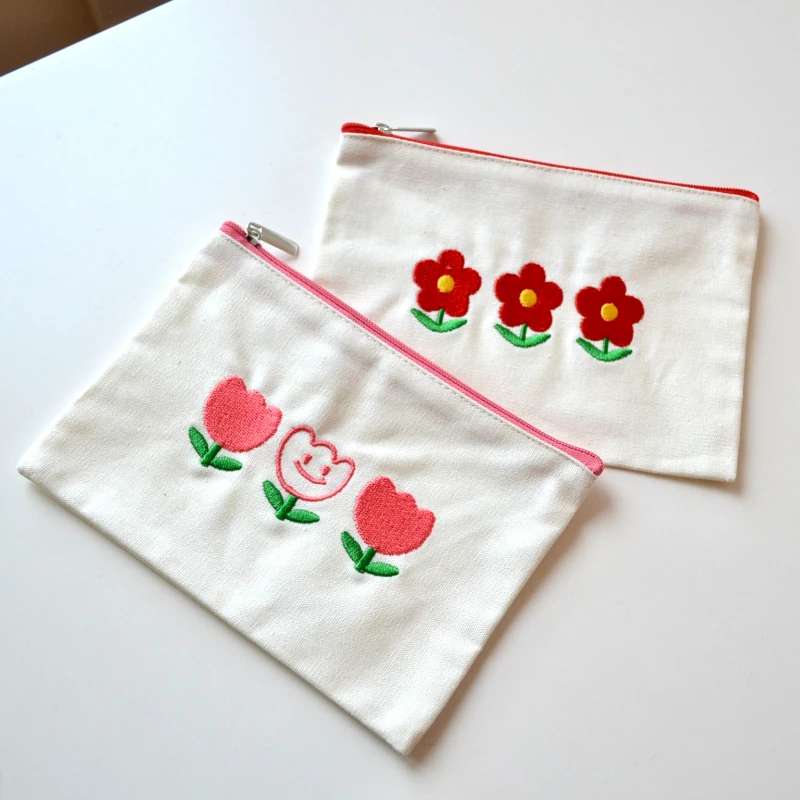Custom Embroidered Logo Loverly Cotton Cosmetics Travel Zipper Pouch Bags for Girl