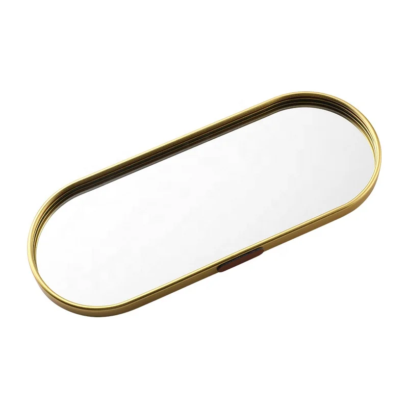 Nordic Style Mirror Metal Tray Cosmetics Jewelry Storage Plate Home Porch Decoration Golden Oval Glass