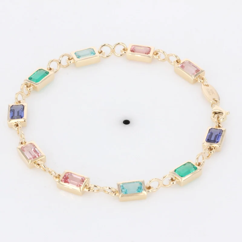 2024 hot sale multiple color gemstone bracelet 10k yellow gold 4*6mm emerald cut charms couple bracelet