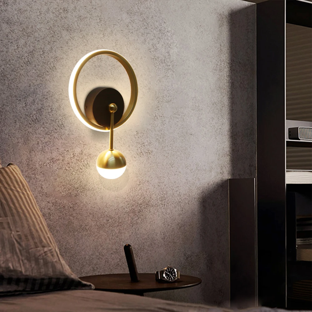 Настенные светильники в скандинавском стиле круглые дизайнерские светодиодные лампы черного и золотого цвета с круглым стеклянным шариком металлическим кольцом