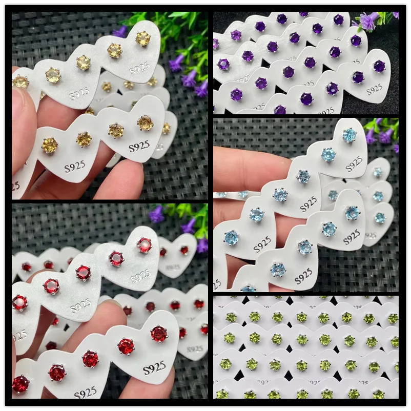 Natural Crystal Color Jewel Earrings Simple Six Claw 925 Silver Needle Topaz Amethyst Peridot Topa Garnet Earrings