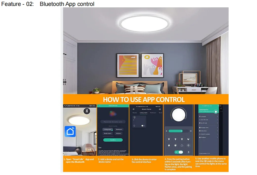 2.4G Bluetooth LED Ceiling Light 12inch Flush Panel with 2000K-6000K 24W Shape Home Office IP44 Rated Remote Control