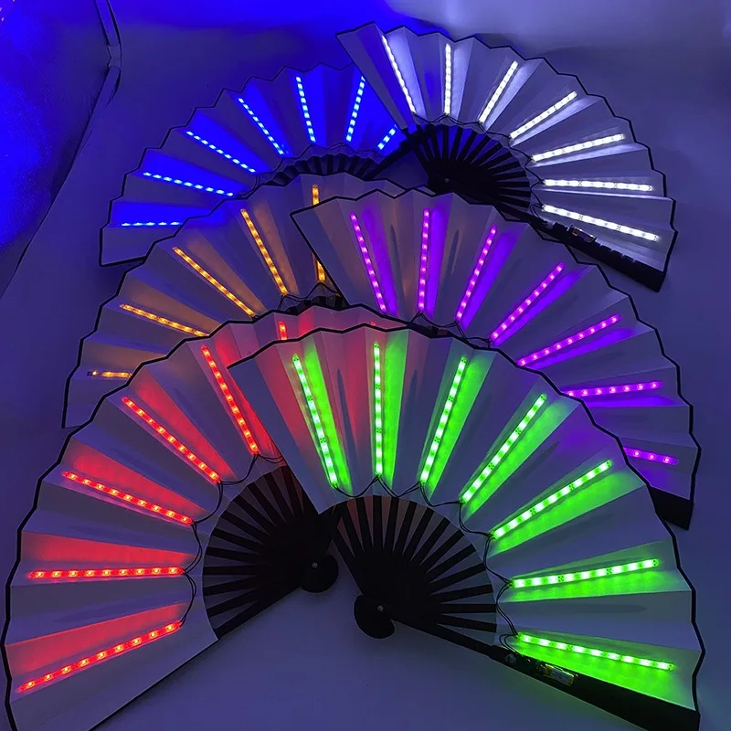 Hannuo Factory Wholesale Colorful Bar Atmosphere Glow Dark Fan Led Light Luminous Hand Fan for Party