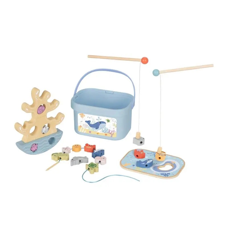 Wooden 3 in 1 Magnetic Fish Box Toy Stacking Balance Toy Lacing Animal Educational Fish Game for Kids