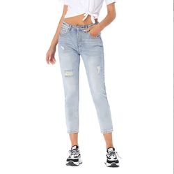 Wholesales loose jeans women spring and autumn fashion design cotton denim ripped washed trousers