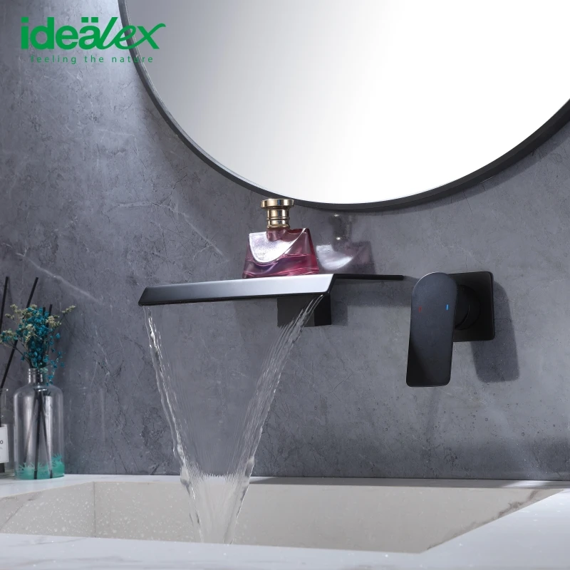 Ares Idealex Wall Mounted Copper 2 Hnadles Black Golden Waterfall Basin Sink Faucet for Bathroom Mixer Tap
