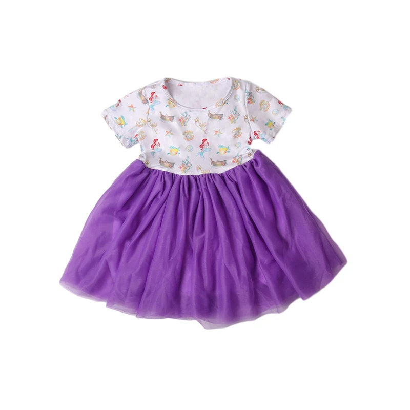 Wholesale High Quality Ocean Style Print Soft Milk Silk Purple Tutu Dresses for Girls Kids for Everyday Wear