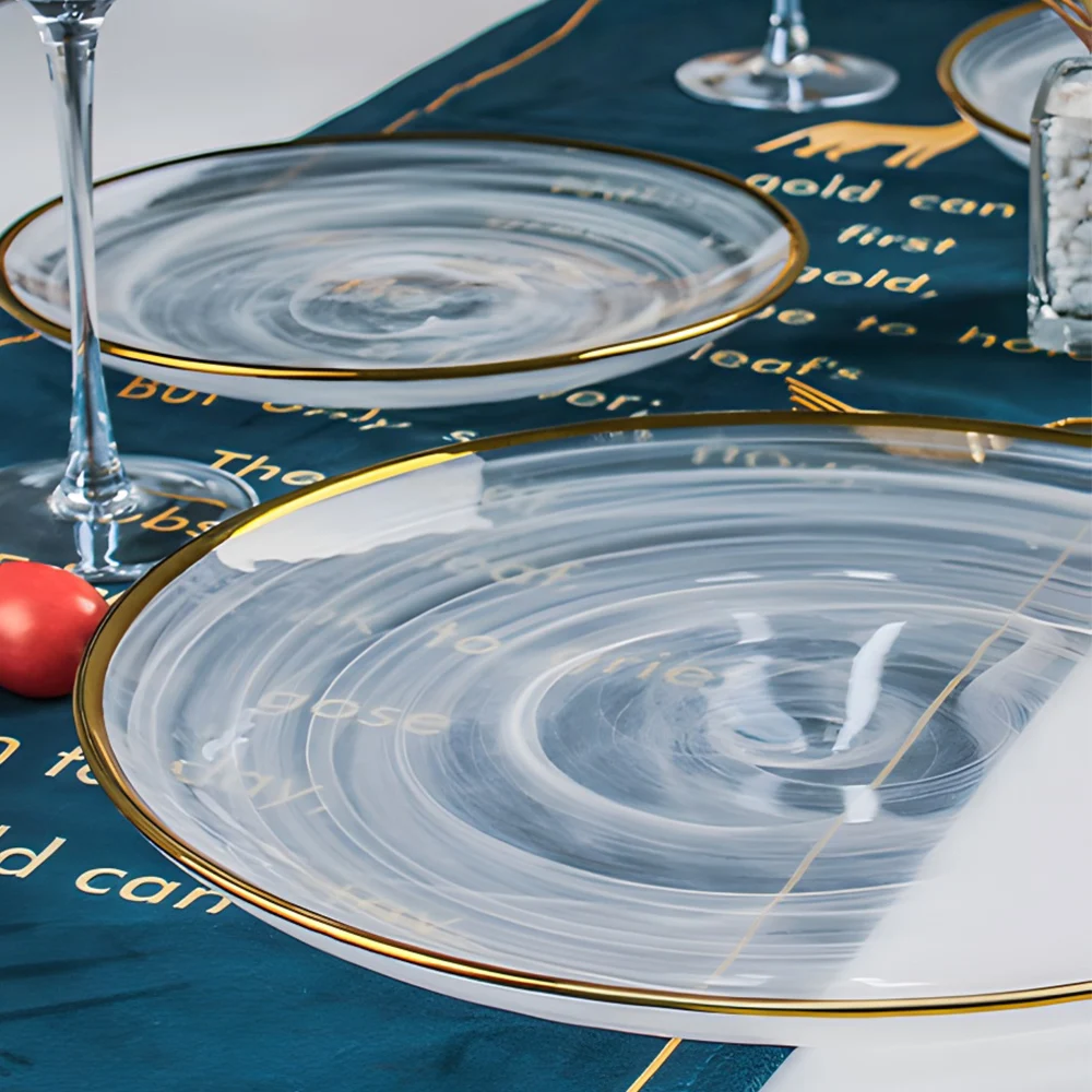 Wholesale Modern Unique Custom Luxury Cloud Pattern Heat Resistance Gold Rim Crystal Clear Glass Charger Plates For Wedding