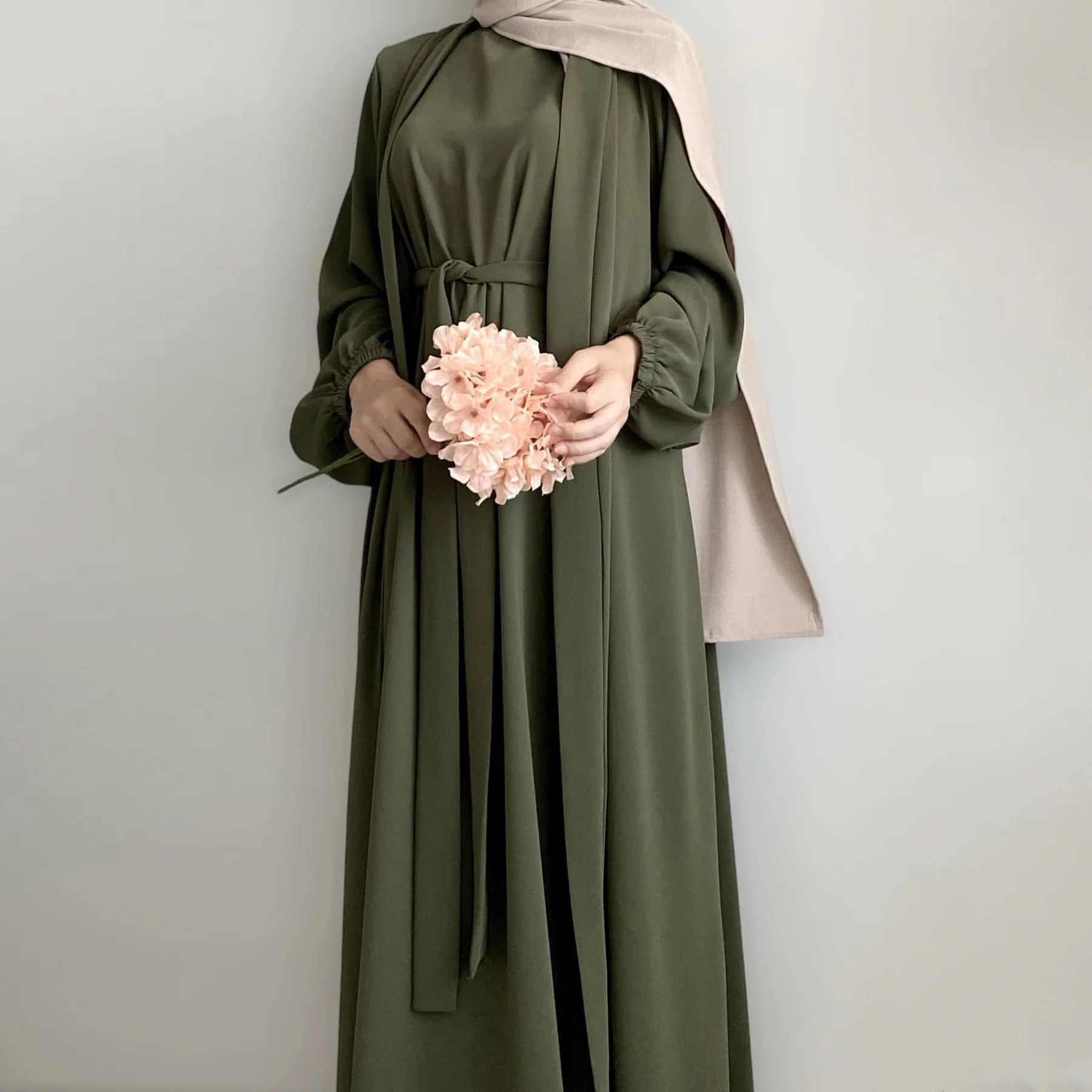 Factory Supply Arabic Eid Crepe Fabric Turkey Dubai Solid Colour Two Piece Suit Kimono Women 3 Piece Abaya Set With Pockets&Belt