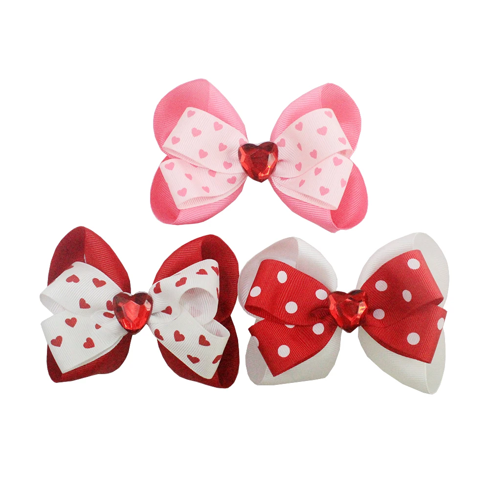 Love Red Valentines day Hair Bow Embroidered Heart Shape Grosgrain Ribbon Hair Accessories