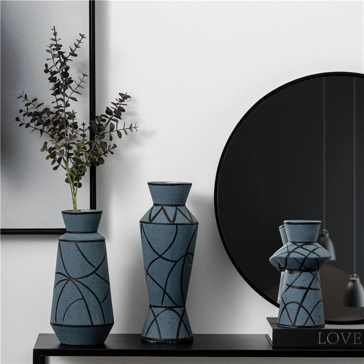 Современная декоративная керамическая ваза в скандинавском стиле, центральный орнамент для свадьбы, ваза для цветов, матовая синяя, для декора