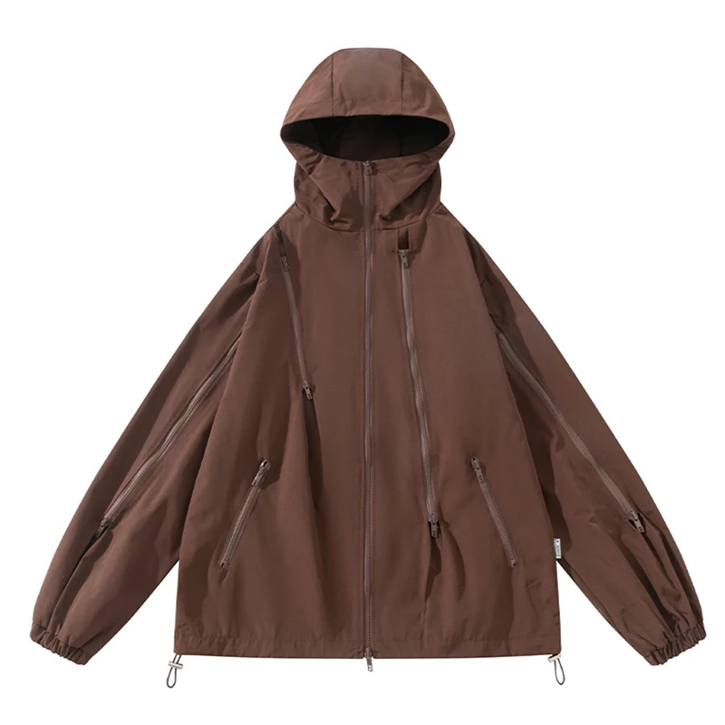 Custom Hooded Outdoor Loose Jacket Waterproof Seamless Multi Zipper Street Wear Lightweight Jacket