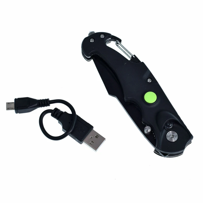 New 6 in 1 Tactical knife survival hunting pocket Outdoor folding EDC multitool USB Charge LED Flashlight window breaker camping