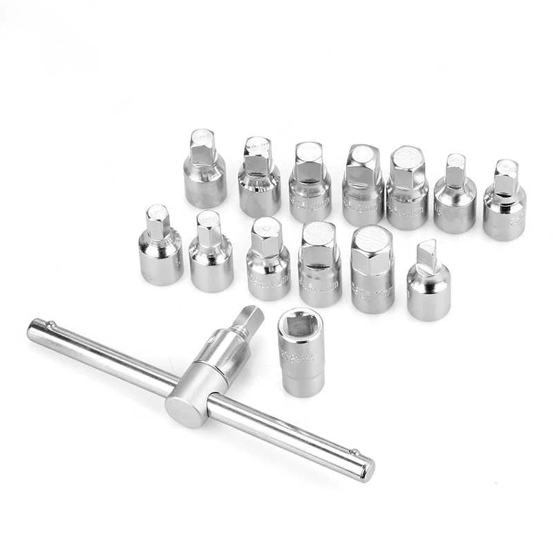 18 PCS Oil Drain Pipe Plug Socket Set Screws Removal Tool Triangle Square Hexagon T-bar Remover Sleeve Special Tools