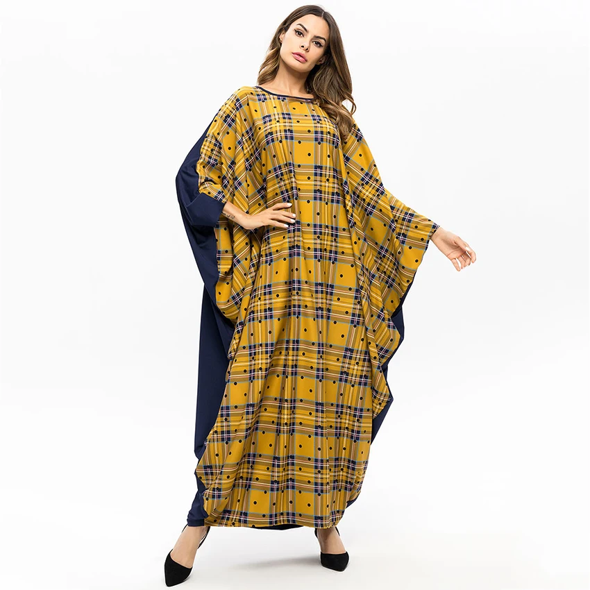 
AliExpress exclusively for Middle Eastern Muslim Bat Sleeve Loose Panel Plaid Robe Dress Muslim Dresses And Abaya For Woman 