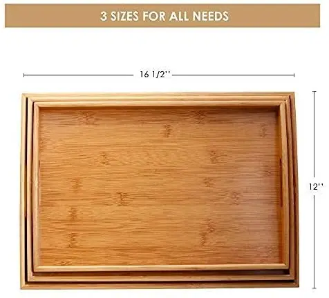 Serving Tray Set, Bamboo Serving Tray Set with Handles - Set of 3, Large, Medium, and Small Tray, Multi-use Bamboo Wood Serving