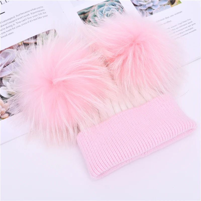 Wholesale Thick Warm Custom Logo Real Fur Pom Pom Hat Cute Ball Skull Luxury Winter Soft Cashmere Knitted Kids Beanie Supplier