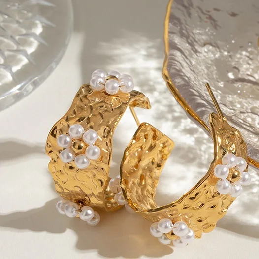 ARETAS 2024 Fashion Fine Jewelry Set Stainless Steel Pearl Necklace C-Shaped Earrings Open Ring Waterproof Bracelet Wholesale