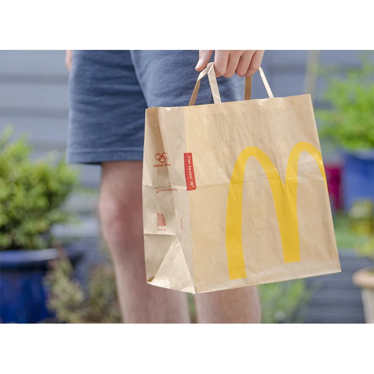 Custom Made Eco Friendly Biodegradable Flat Paper Handles Brown Takeaway Fast Food Kraft Paper Bag For Restaurant Packaging