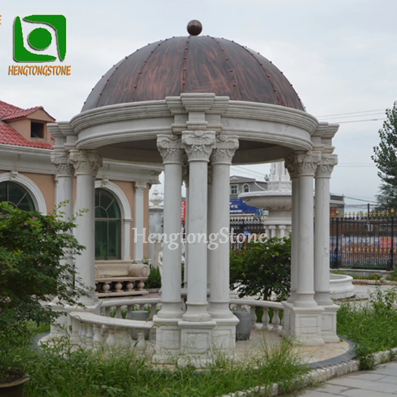 Outdoor Garden Decoration Luxury European Style Roman Column Carve White Marble Stone Gazebo With Metal Roof