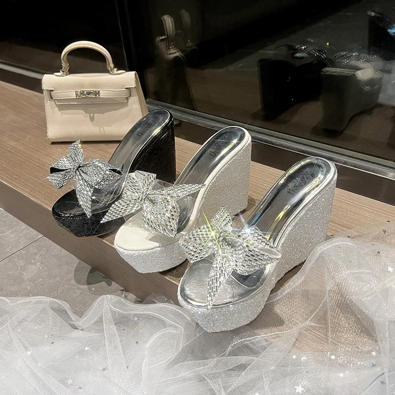 Summer New Fashion Versatile Bow Knot Rhinestone Sequin Wedge Heel Thick Sole Sandals for Women 10.5cm Plus size
