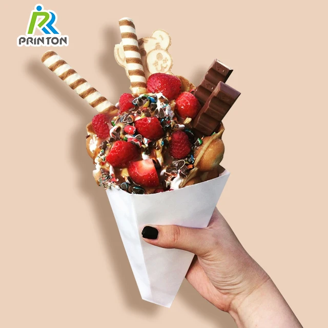 Customized logo triangle french fries crepe cone holder ice cream bubble waffle packaging cone