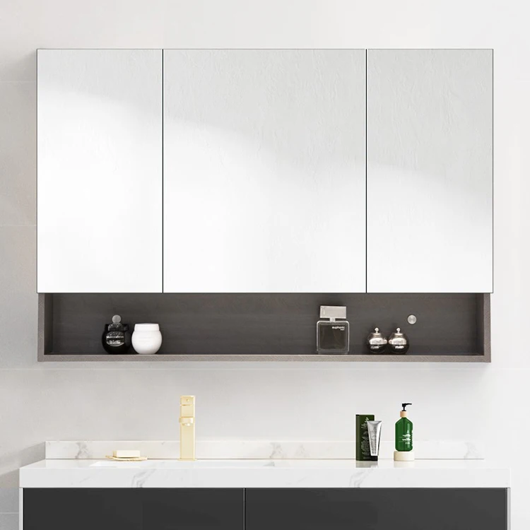 Modern Style Wall Mount Hung Vanity Mirror Veneer Stainless steel Bathroom Toilet Mirror Cabinet With LED Light