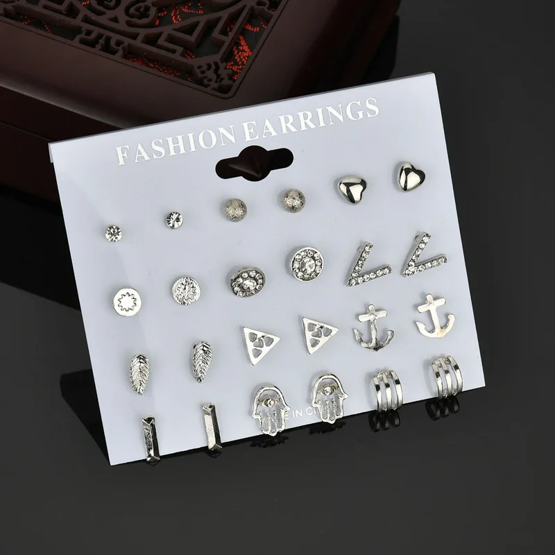 
12 Pairs/Set Silver Gold Stud Earring Set Minimalist Jewelry Korean Style Mini Rhinestone Metal Earrings For Women Gift 
