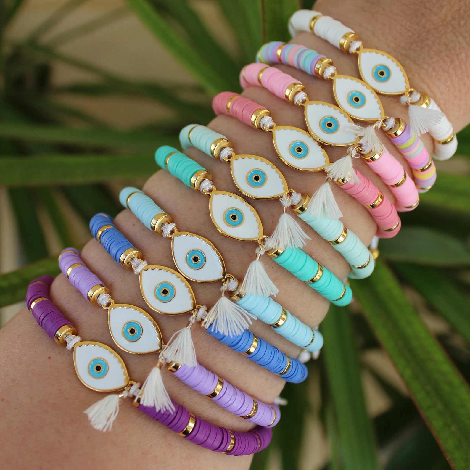 Boho Evil Eyes Charm Bracelet Heishi Clay Beads Stacking Bracelet With Tassel Jewelry Gift For Ladies