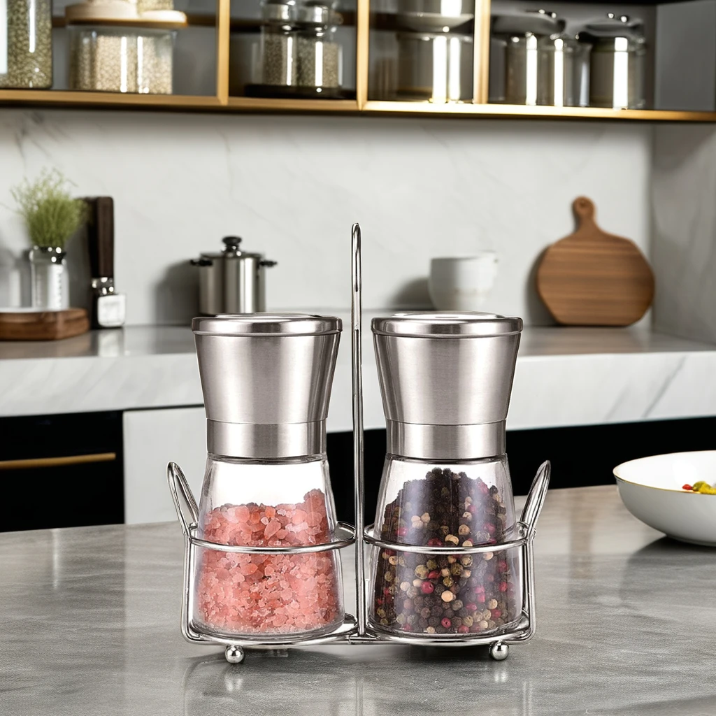 Hot Sale Ceramic Manual Pepper & Salt Grinder Set Glass & Metal for Home Use