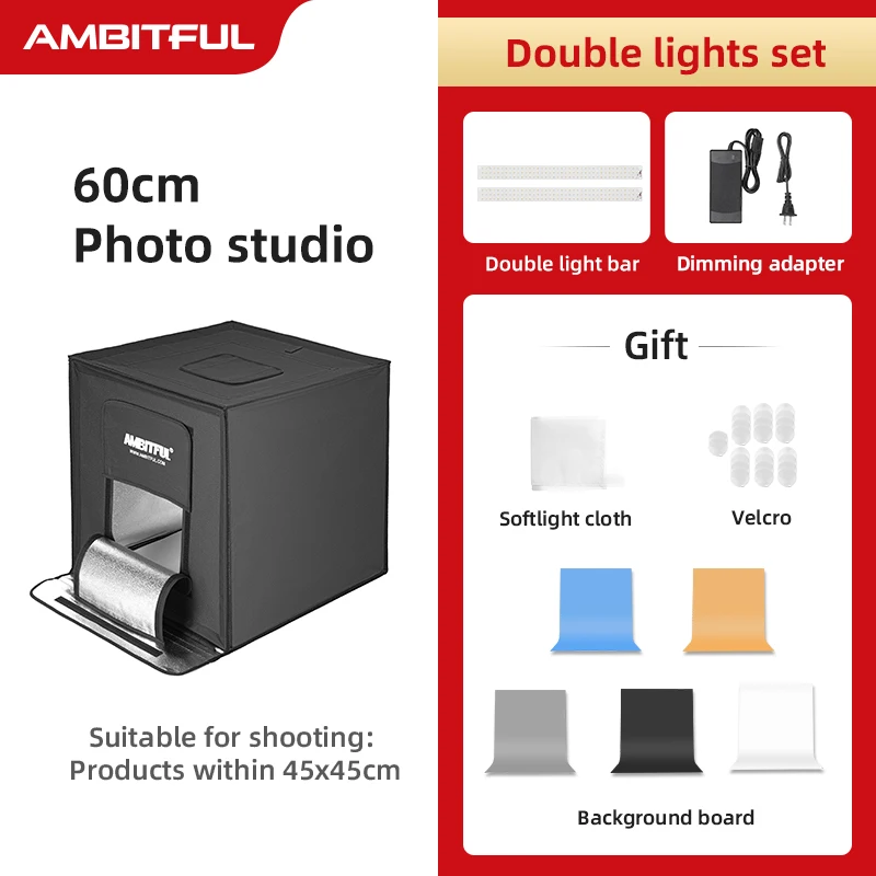AMBITFUL 60cm Portable Foldable Photo Studio light Box with 5-color background dimmable suitable for Tabletop Photography