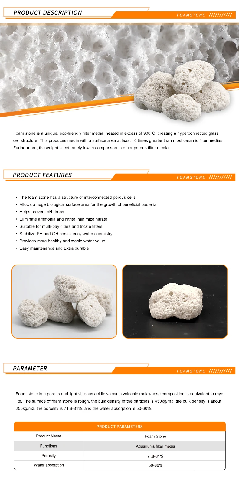 Top efficiency nitro-bacterial house super bio pumice stone for fresh water marine water aquariums filter media