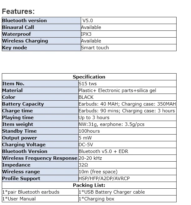 S15 Original factory  Earphone Sports Headset Running Fitness Wireless Earbuds Free Sample Wireless Blue tooth Headset