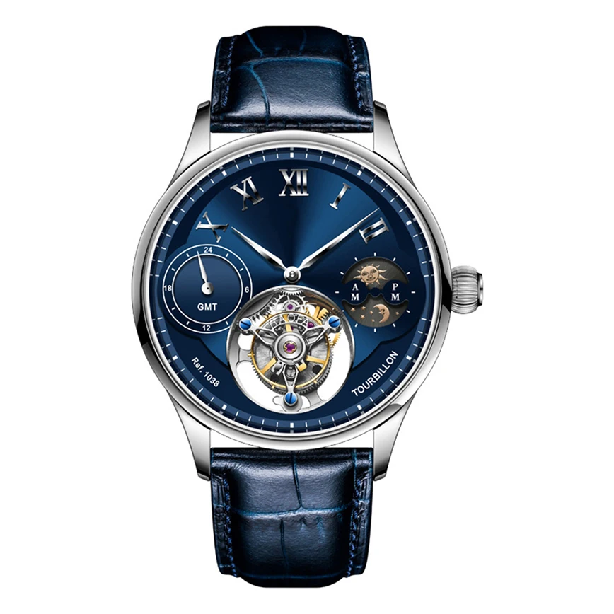 Negotiable price custom GMT sun moon phase tourbillon movement business men mechanical wristwatch