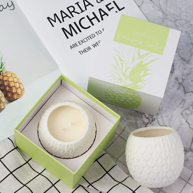 True Scent RTS Pineapple Ceramic Jar With 350g Soy Wax Luxury White Ceramic Candle Jar Ceramic Empty Candle Jars