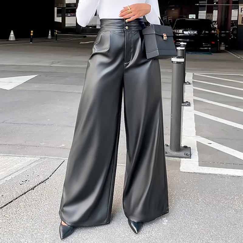 Autumn Winter High Waisted Female PU Pants Woman Pantalons Casual Quantity Long Trousers PU Faux Leather Wide Leg Pants
