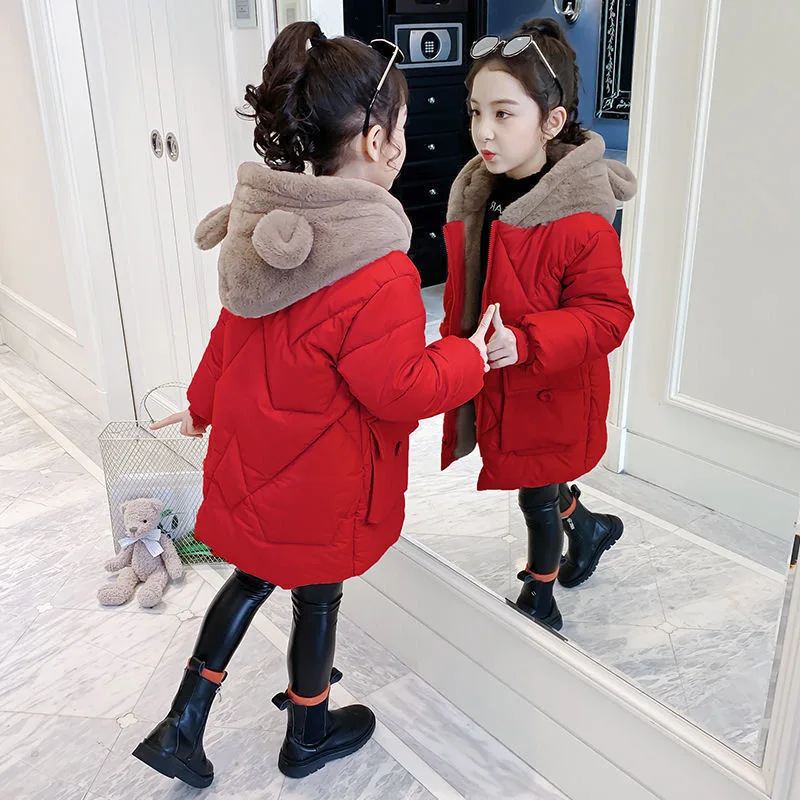 Winter Fashion Solid Color Casual Style Padded Thick Fleeced Animal Coat Warm Outerwear Jacket for Babies Girls