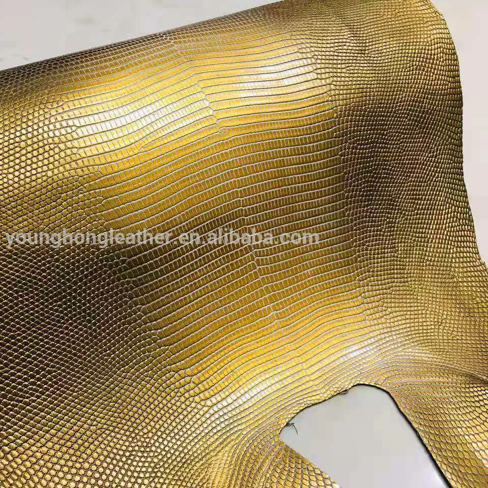 2021 New Style golden metal color Genuine Lizard Skin Leather