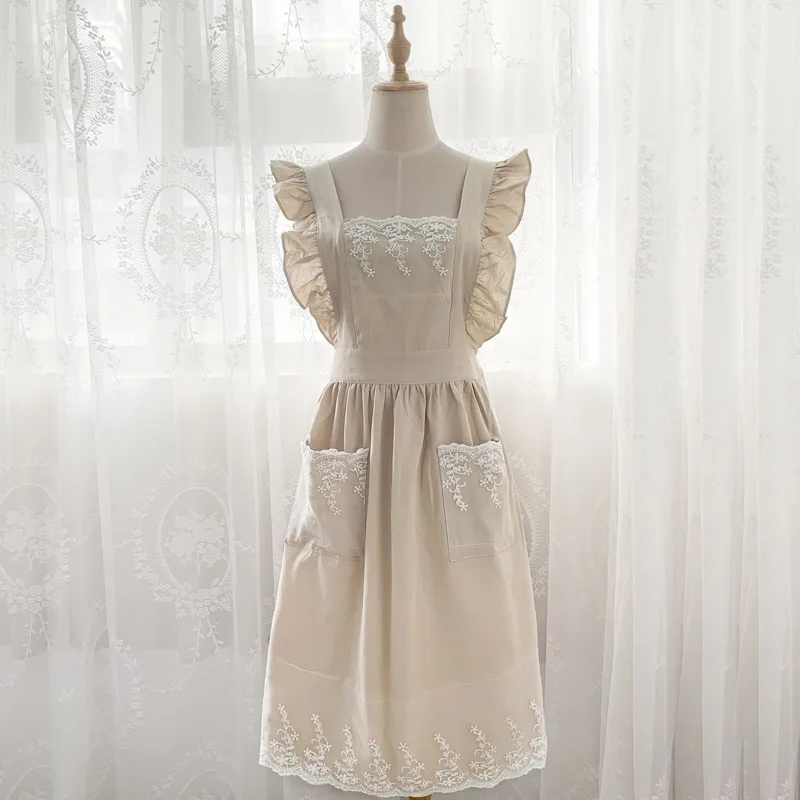 Custom Restaurant Kitchen Women Cooking Chef Barista Cotton Linen Apron Dress With Pocket