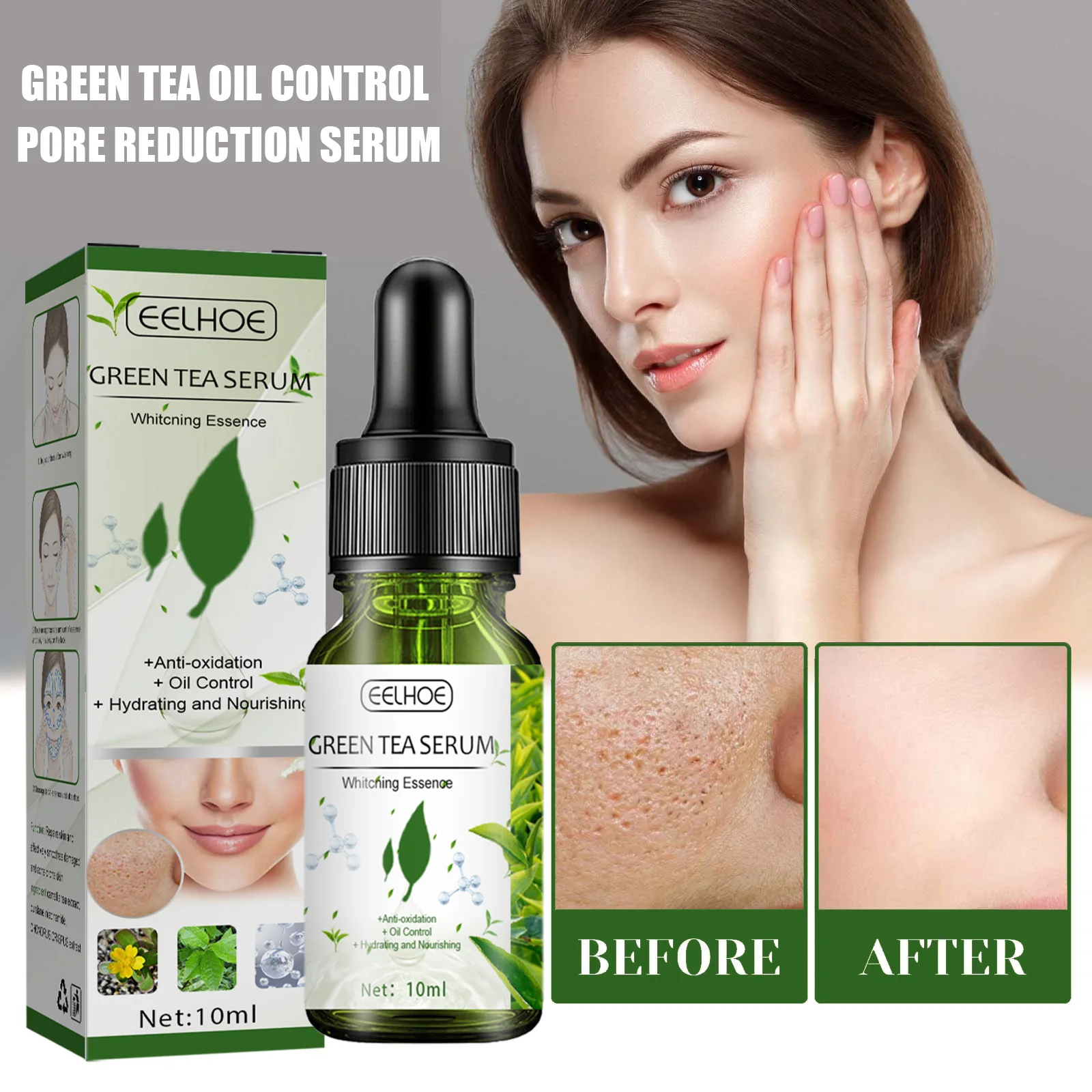 Green Tea Shrinks Pores Facial Serum Anti Wrinkle Remove Dark Spots Face Essence Anti-Aging Whitening Facial Skin Care Serum