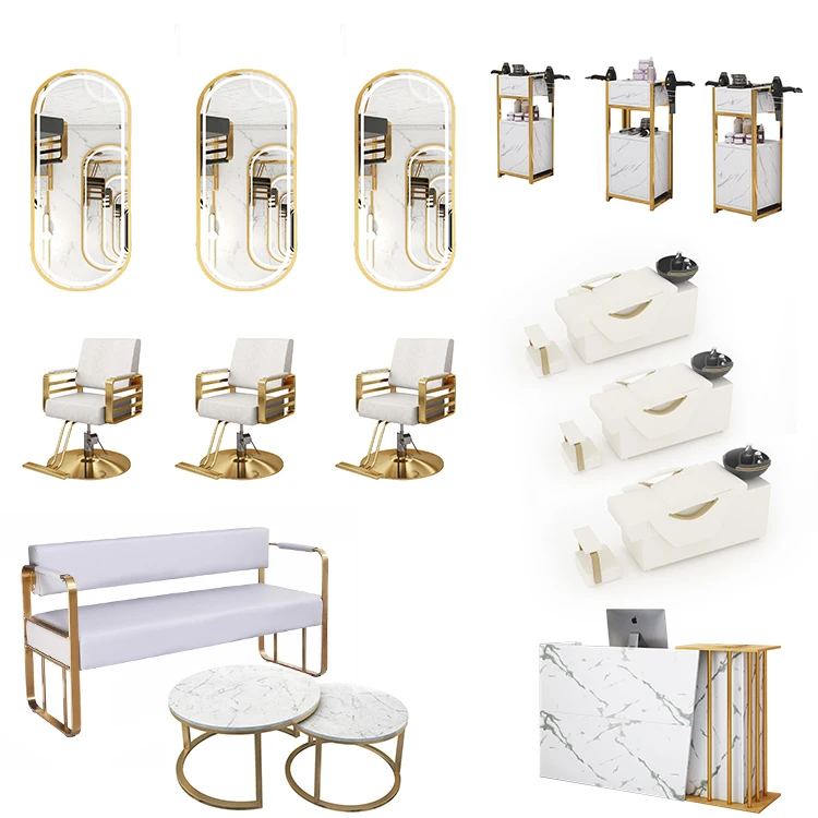 Fashion White And Gold Salon Furniture Customized Salon Furniture Set Beauty Hair Barber Equipment Set