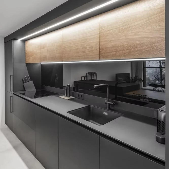 CBMmart Gray Gloss L Shaped Modern with Island Kitchen Sink Kitchen Cabinet Set Modular Price Modern Indoor Kitchen Cabinets