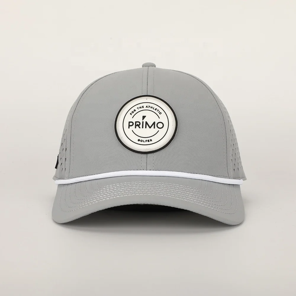 Wholesale Custom PVC Logo 6 Panel Grey Polyester Performance Sport Dad Hat Laser Cut Hole Golf Gorras Rope Baseball Cap