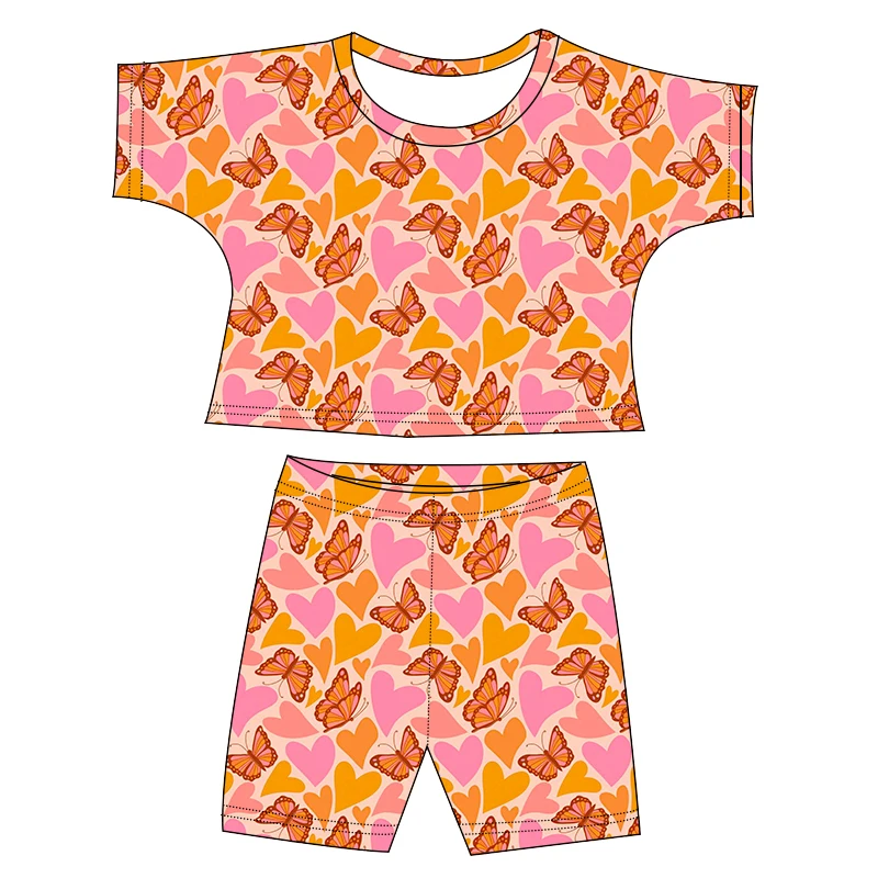 Wholesale Western Print Short Sleeve Crop Top Shirt Biker Short 2 Pieces Sets For Girl Summer Outfits Kids Lounge Sets