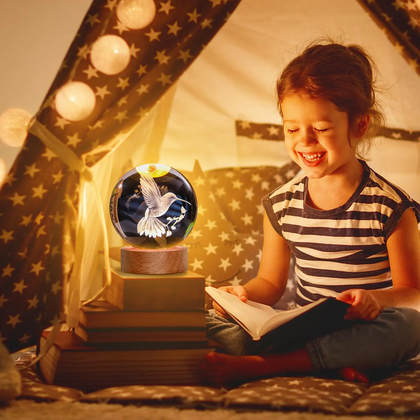 3D Laser Engraved Led Luminous Led Light Crystal Ball 3D Bird Crystal Bird Night Light for Kids Bedroom Decor