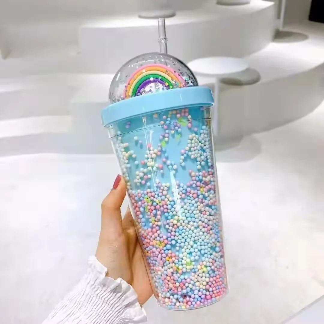 2024 new Reusable Colored Bead Ranibow Water Bottle Girls Plastic Double Wall Tumbler Cup with Lid & Straw